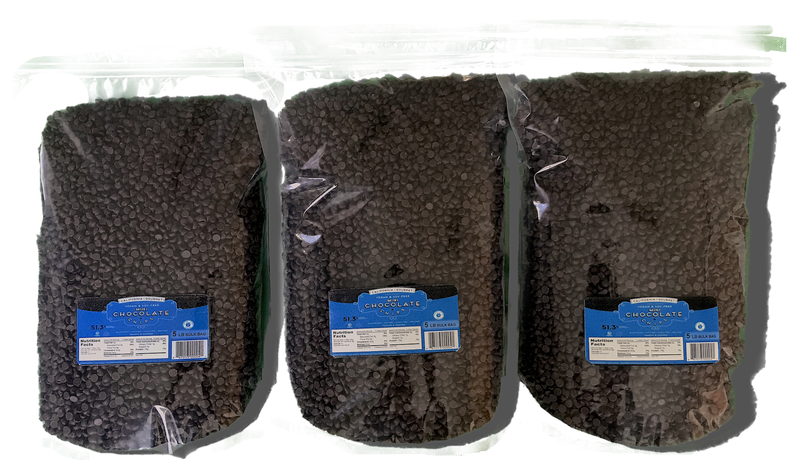 Wholesale 4lb - 5 lb bulk bags of:  •72%-cocoa mini-chunks or • 5 lb bulk bags soy-free mini-chips or Mega Chunks $6/lb
