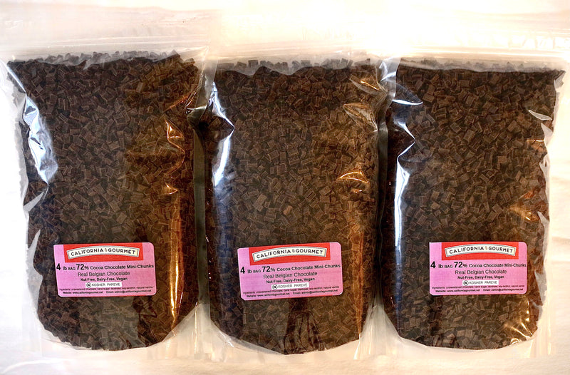 Wholesale 4lb - 5 lb bulk bags of:  •72%-cocoa mini-chunks or • 5 lb bulk bags soy-free mini-chips or Mega Chunks $6/lb